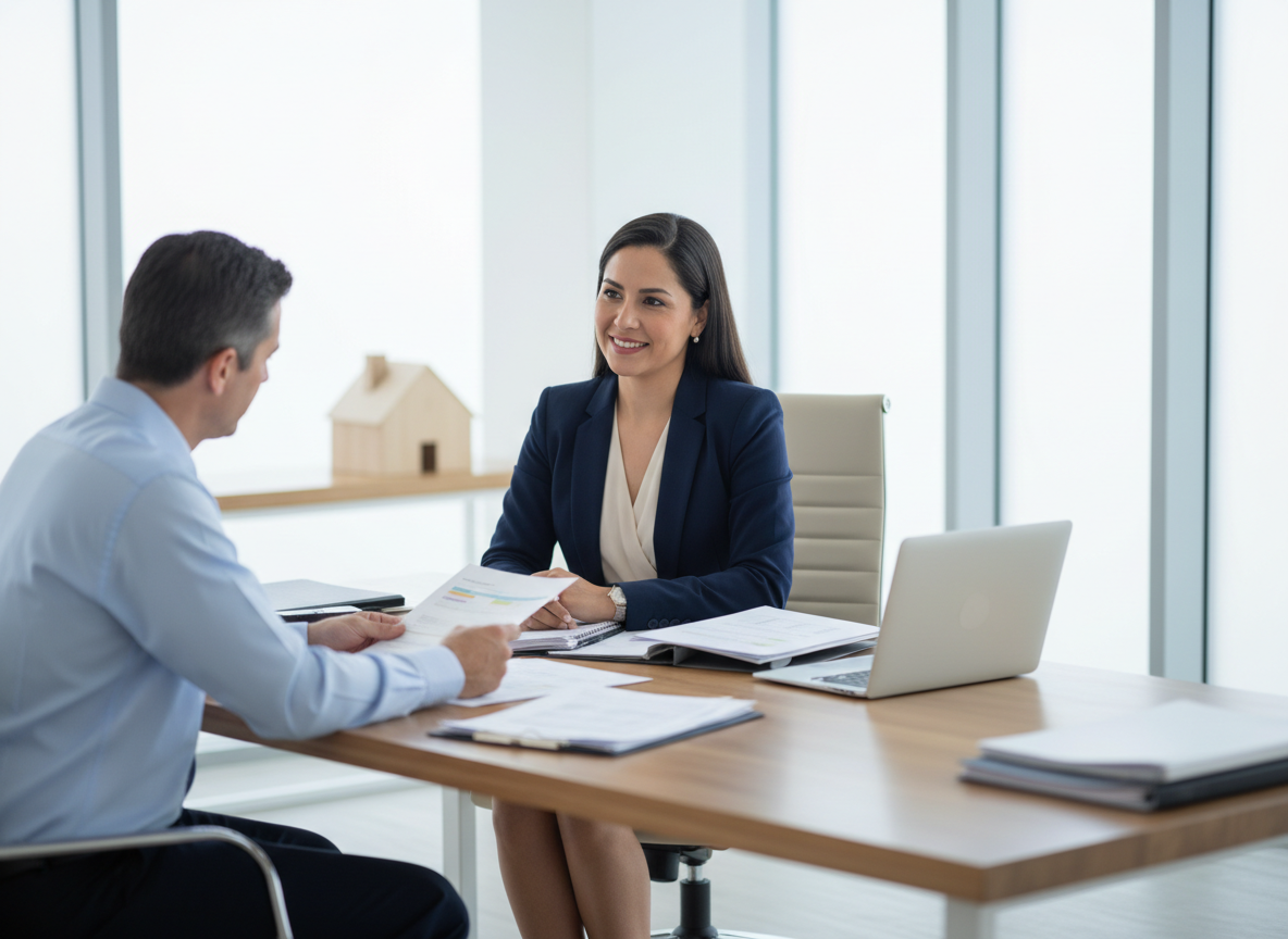 Fondo realista y profesional para la página de asesorías en trámites de vivienda y créditos. Fotografía de estilo corporativo, con una asesora profesional latina (podría ser Leyda Arianna Hernández Allende) en una mesa de trabajo, revisando documentos con una persona, ambiente de oficina moderna y luminosa. Sin logos ni marcas oficiales, sin referencias explícitas a Infonavit ni instituciones gubernamentales. Elementos sutiles relacionados con trámites: documentos, carpeta, laptop, una pequeña maqueta de casa desenfocada al fondo. Estilo formal pero atractivo, colores sobrios (azules/grises suaves con toques cálidos), composición amplia y limpia para usarse como fondo sin distraer el texto.